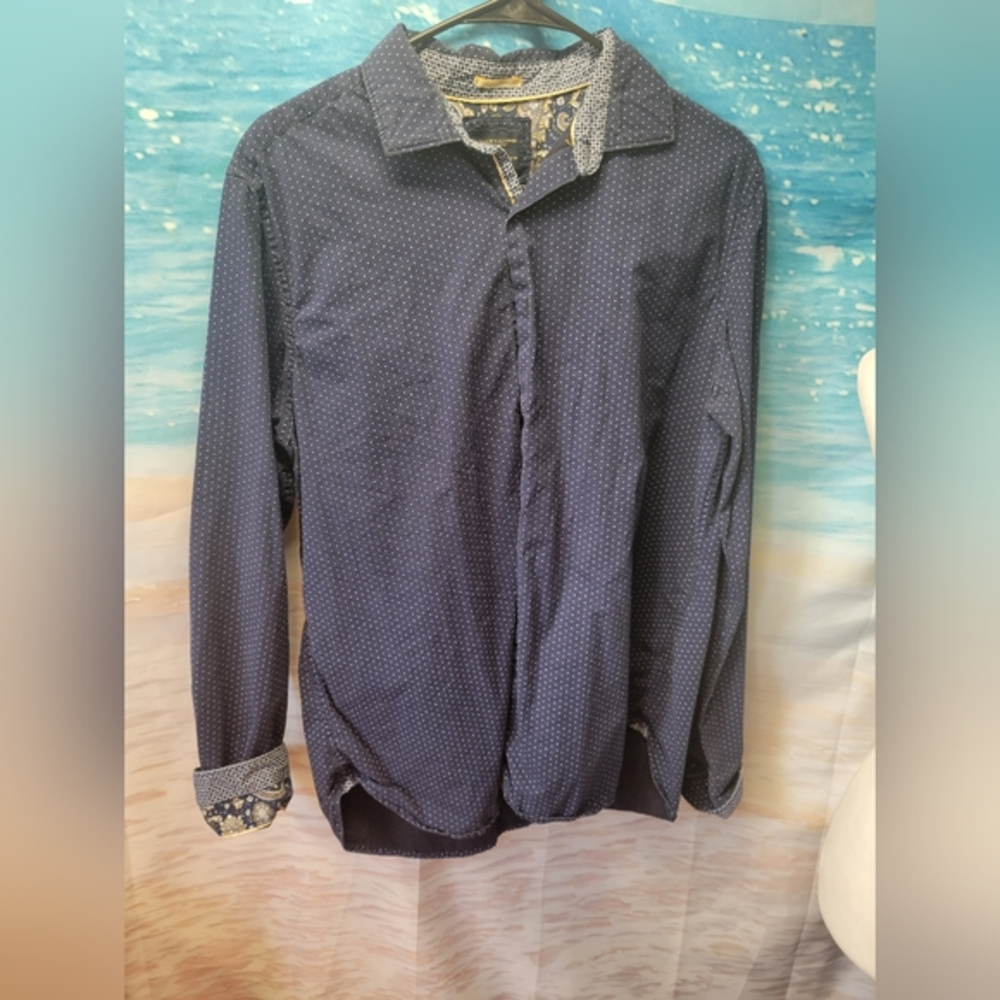 Denim & Flower Mens Button Down Polka Dot Shirt with Cool Design Cuffs Size Larg